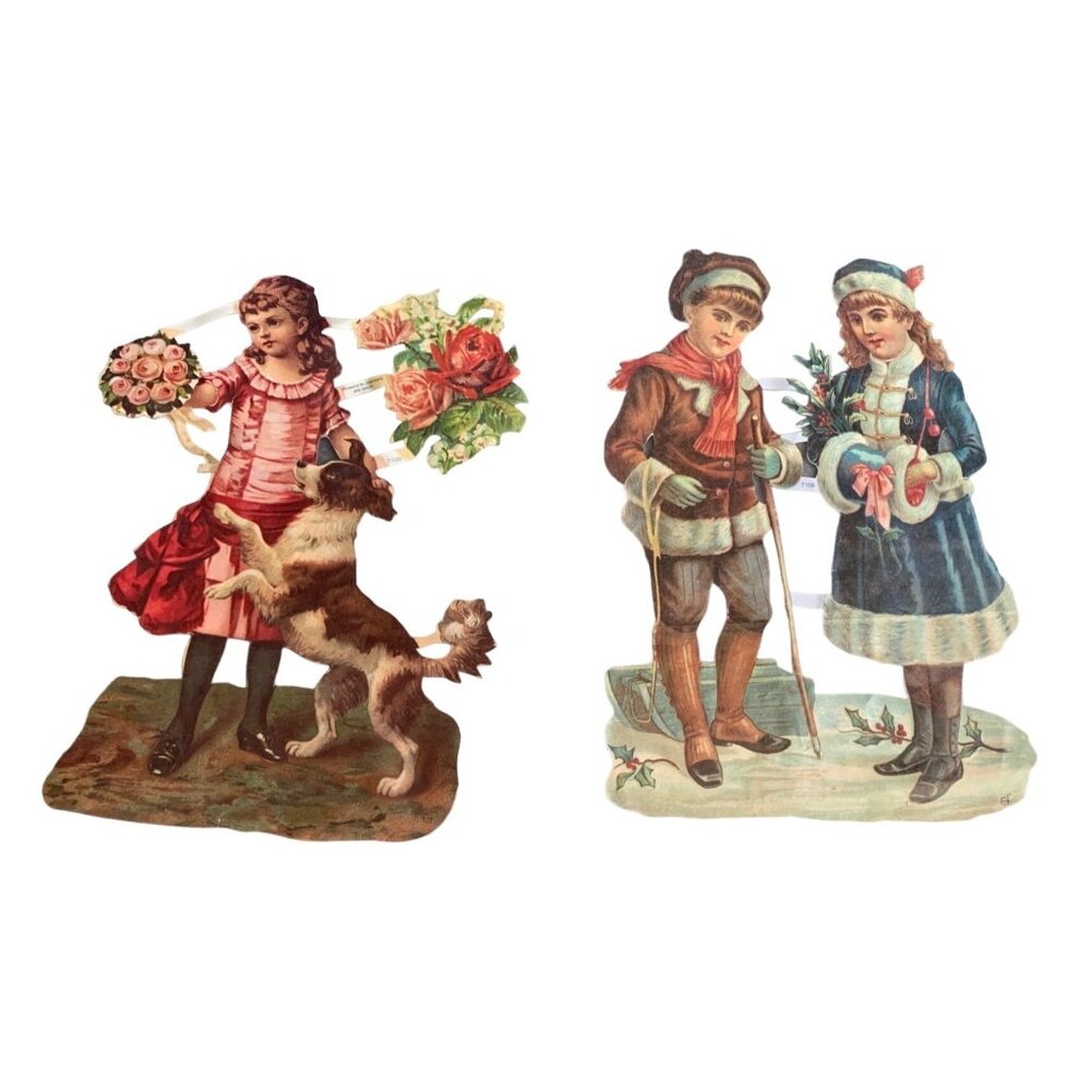 Vintage Victorian Paper Die Cut Set with Children & Dog set of 2